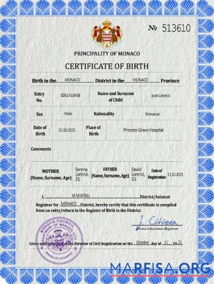 Downloadable Monaco vital record birth certificate PSD template